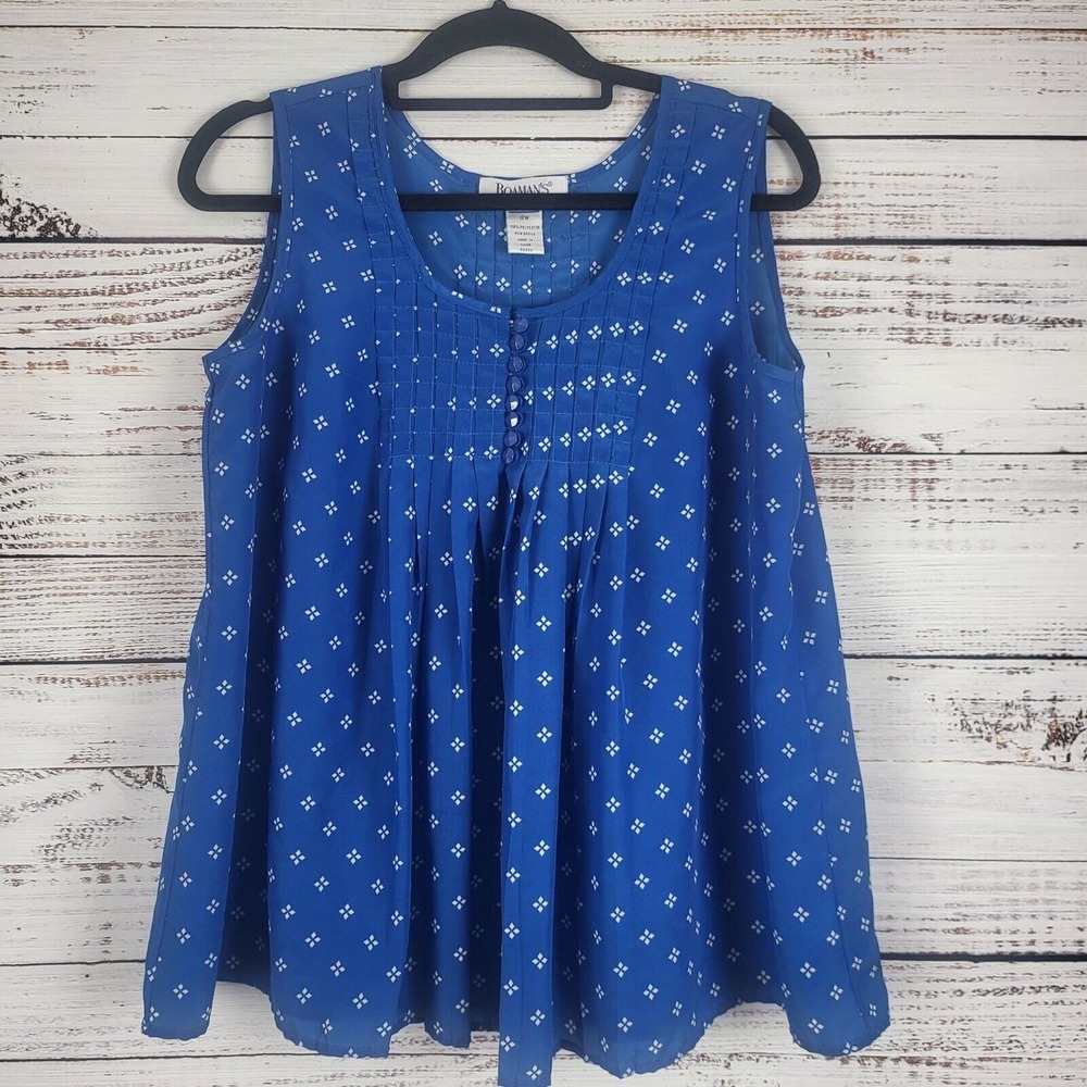 Roaman's Tank Blouse 12W Womens Blue White Sleeveless Pleated Light Weight Top
